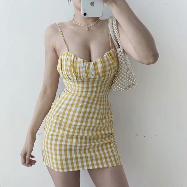 

new summer 2021 sleeveless off shoulder ultra short slim mini night club party plaid es woman tp38, Black;gray