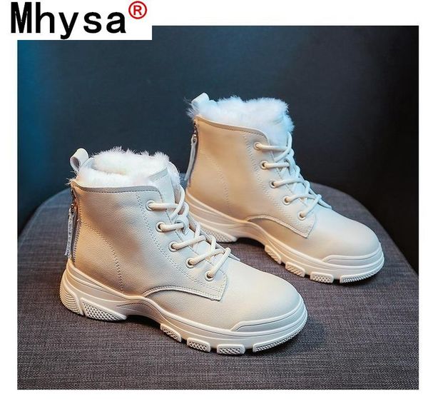 

boots women pu leather ankle for flats platform 2021 warm short plush winter shoes fashion snow, Black