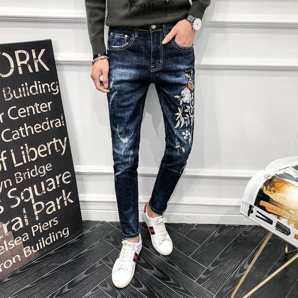 

nightclub party jeans men trousers designer slim fit pants heavy wormanship embrodiery pantalon homme1, Blue