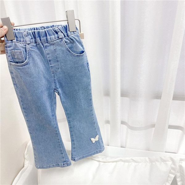 

spring autumn children's butterfly solid denim jeans boot cut pant girls full length trousers, Blue