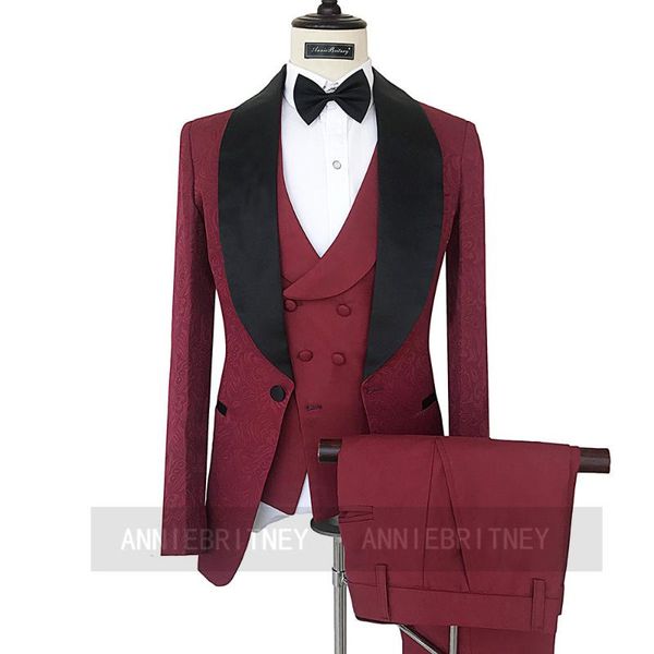 

men's suits & blazers est burgundy men suit floral print shawl lapel business casual tuxedo 3 pieces(blazer+pants+vest)custom made wedd, White;black