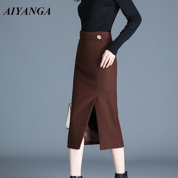 

skirts woolen for women winter high waist medium long warm skirt fashion england style package hip elegant ladies slim, Black
