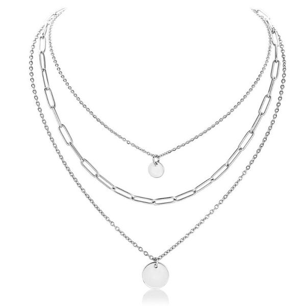

chains 3pcs/set stainless steel multi layered choker necklace for women girls rolo box link chain coin medallion charm gifts dn268us, Silver