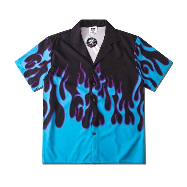 Mavi Alev Baskılı Hawaii Gömlek Erkekler Yaz Kısa Kollu Plaj Rahat Tatil Çift Streetwear Hip Hop Harajuku Tops 210721