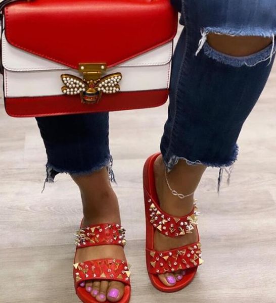 

summer women rivet slippers flat casual ladies slides open toe outside platform metal soft beach shoes summer female footwear, Black