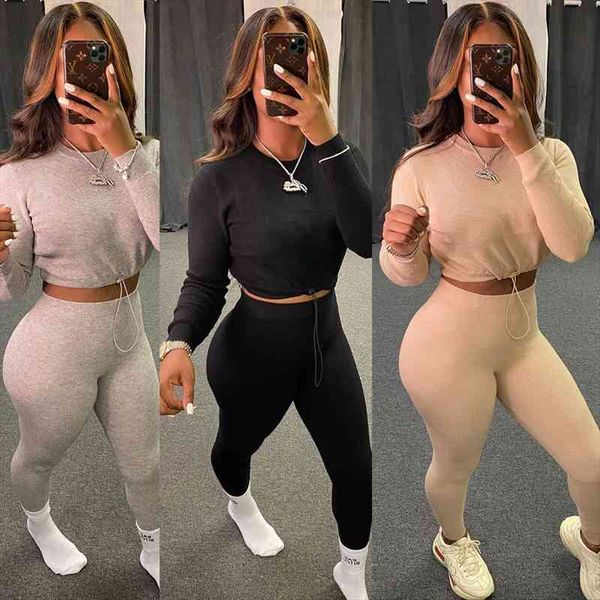 

two piece casual clothes womens pants fashion solid color long-sleeved exposed navel crop and high waist tight trousers, White