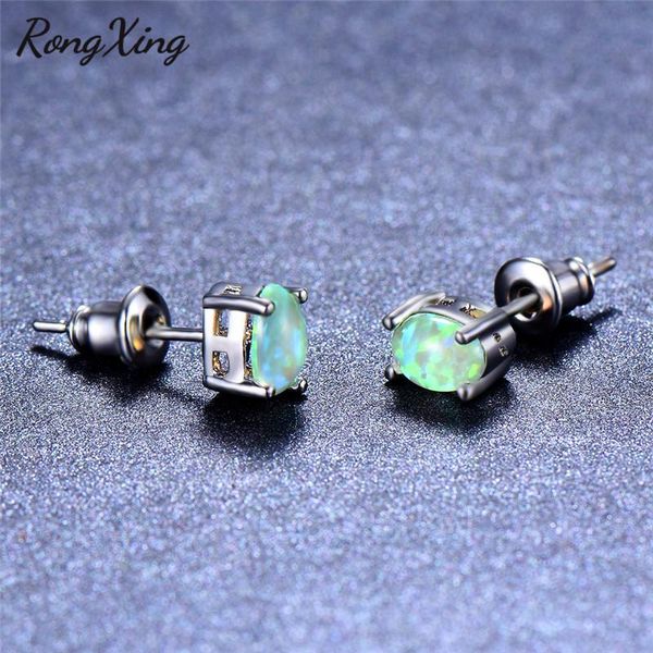 

stud rongxing small oval green fire opal studs earrings for women 925 sterling silver filled birthstone christmas jewelry, Golden;silver