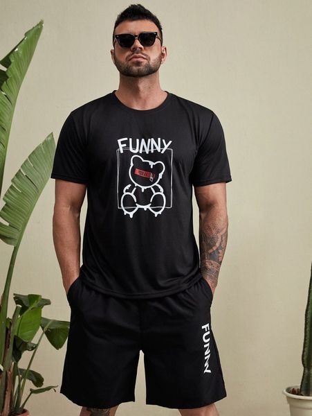 

extended sizes men bear & letter graphic tee & shorts p2t2#, Gray