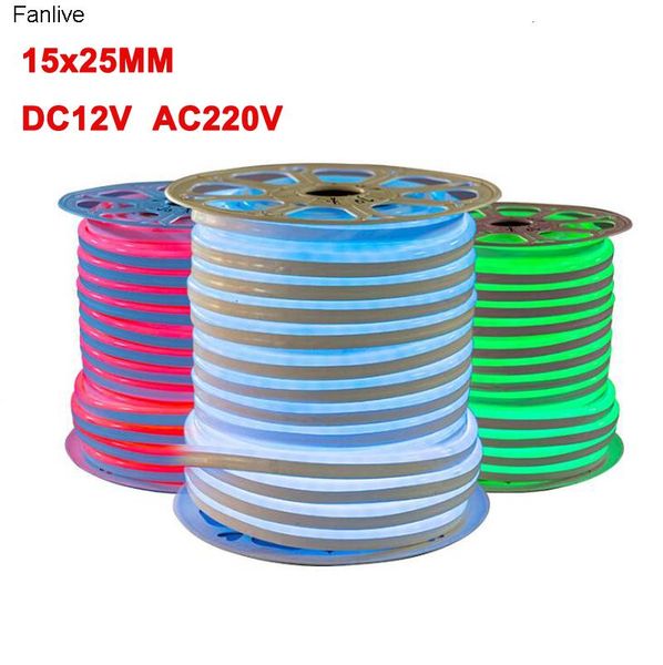 

50m/lot led neon tube 15x25mm ac 220v dc12v 14w/m smd 2835 120leds flexible neon strip for outdoor decorative lighting rgb led