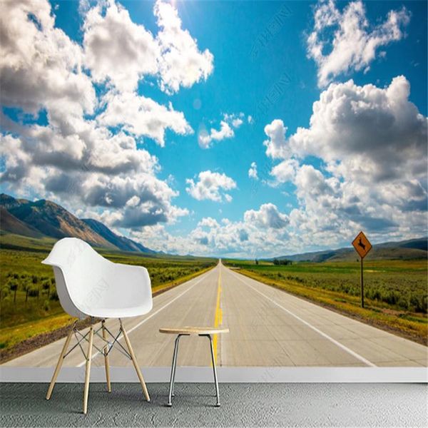 

mural wallpaper for living room blue sky white clouds grassland highway tv background wall papers home decor bedroom wallpapers