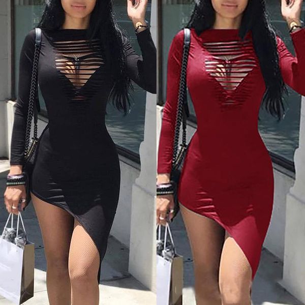 

casual dresses women o-neck long sleeve elastic hollow out irregular slim dress female fashion vestidos, Black;gray