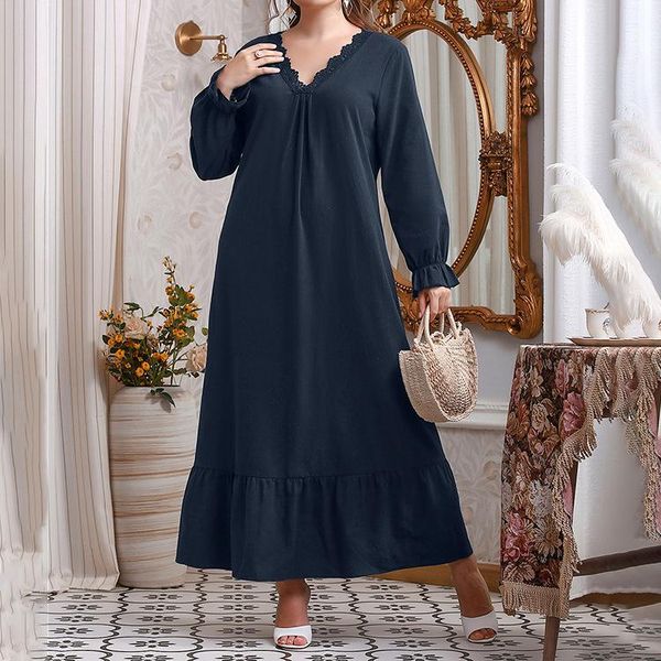 

casual dresses long plus size spring and autumn cotton dress temperament commuter chinese style ruffle skirt solid color blue fashion korean, Black;gray