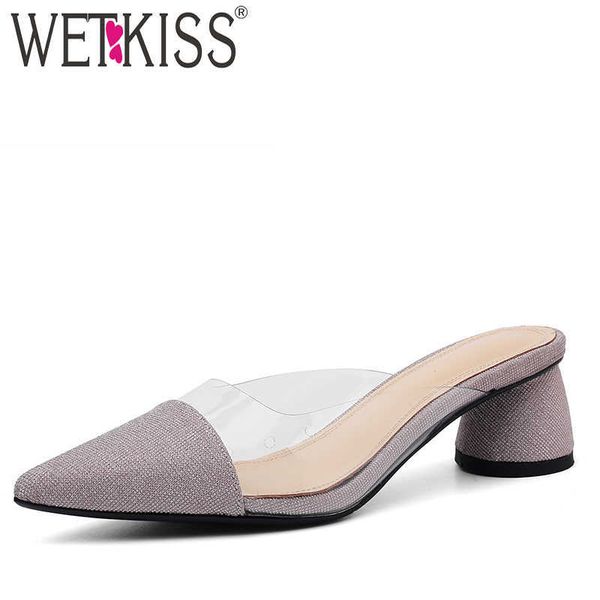 

wetkiss round heels high slippers women summer slides shoes mules shoes ladies transparent pvc bling shoes female 210630, Black