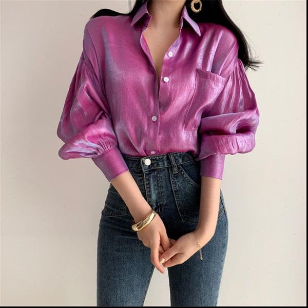 

2021 summer reflective loose vintage fashion solid thin elegant women all match casual shirts 2 colors, White