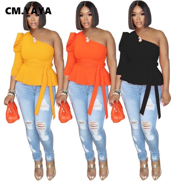 

women's t-shirt cm.yaya women skew neck lantern long sleeve with sashes croped for streetwear, White