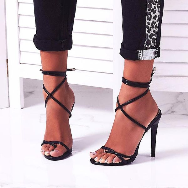 

sandals 2021 european summer candy color point toe lace ankle strap party high heels pumps 11.5cm thin heel lady, Black
