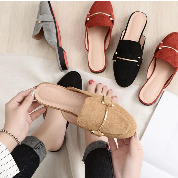 

slippers autumn winter simple pointed toe comfy flat mule women slides holidays sandals outdoor ladies shoes 2021 slingbacks, Black