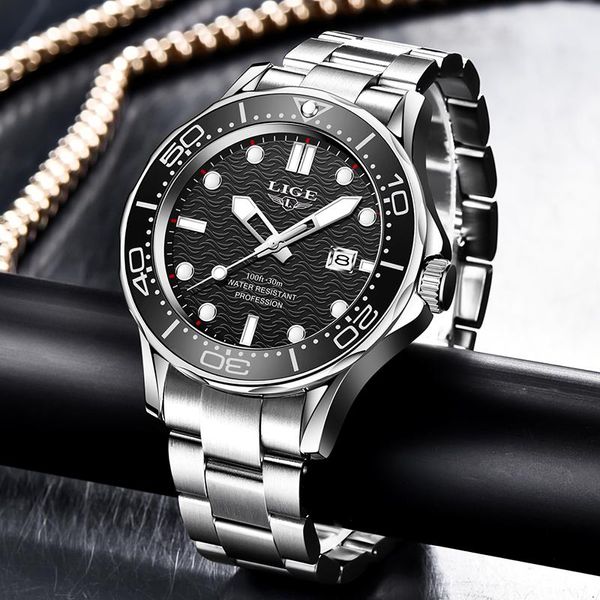 

wristwatches lige 2021 sport wrist watches for men brand stainless steel waterproof clocks watch military quartz montre homme, Slivery;brown