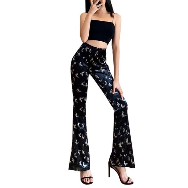

women's pants & capris female flare trousers, butterfly print high waist bell-bottomed for women, black, s//l, Black;white