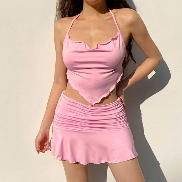 

two piece dress spain brazil style skirt suits a-line with bandage tank short chill mini femme set, White