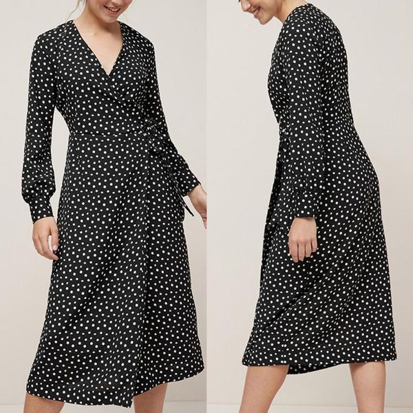 

casual dresses arrival women long sleeve dress polka dot print a-line v-neck party, Black;gray