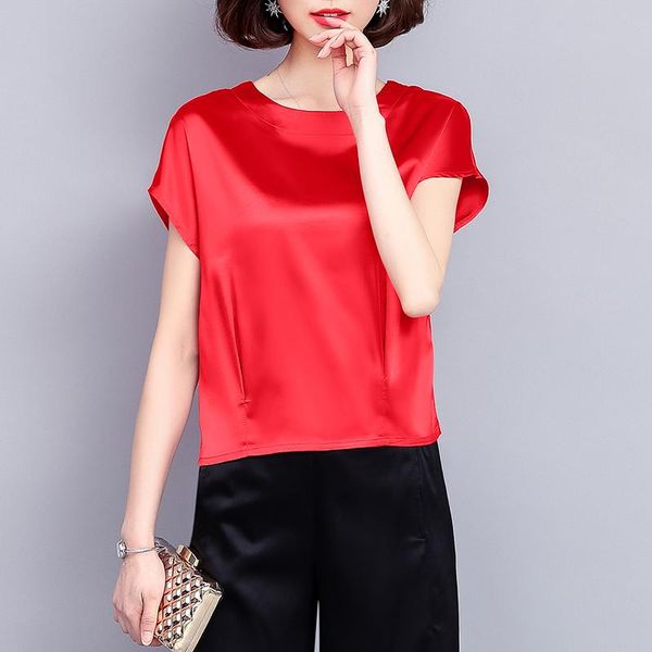 

women's blouses & shirts imitation silk female 2021 short sleeve t-shirt -4xl slim elegant blouse summer, White