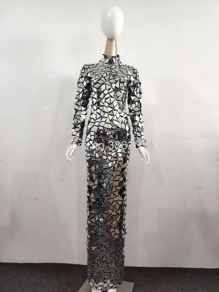 

new design bling full mirrors rhinestone long dress women evening birthday prom celebrate party tail dress black stage costume, Black;red