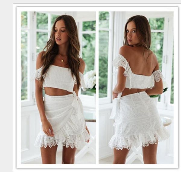 

casual dresses yghan white lace summer two piece set women sashes off shoulder crop and mini skirt suits backless party matching, Black;gray