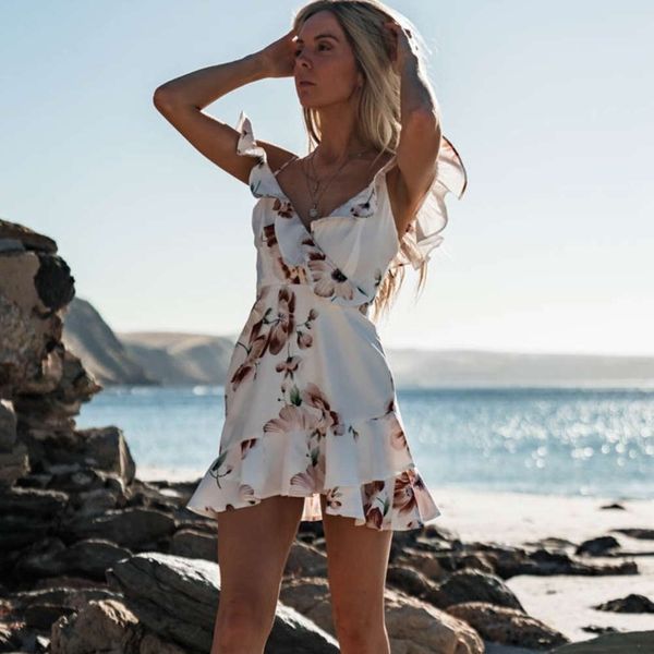 

2019 new v-neck drawstring printed hem dress, Gray