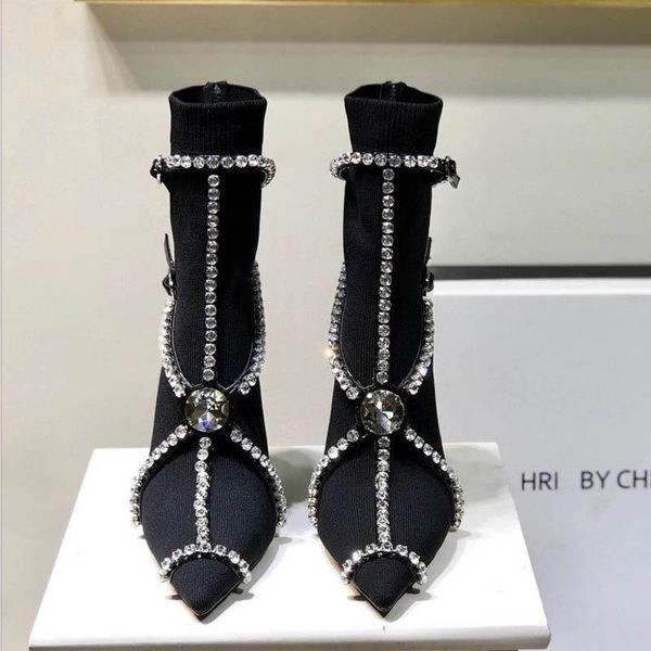 

boots black female women shoes stretch fabric ankle for 2021 bling zircon ladies luxury fashion booties woman