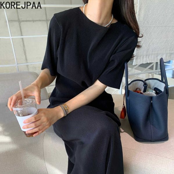 Korejpaa Women Dress Summer Ladies Francese Elegante temperamento pigro Girocollo Pit Strip Design Allentato Casual Split Vestidos 210526