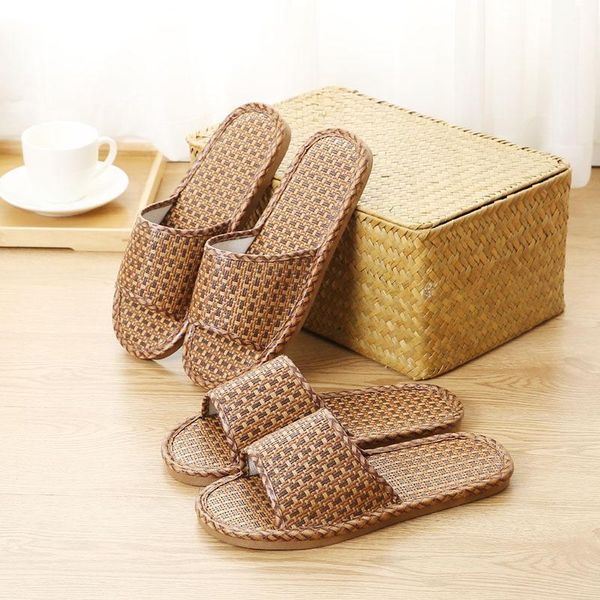 

slippers linen bamboo non-slip summer men women home indoor natural rattan mat couple grass sandals, Black