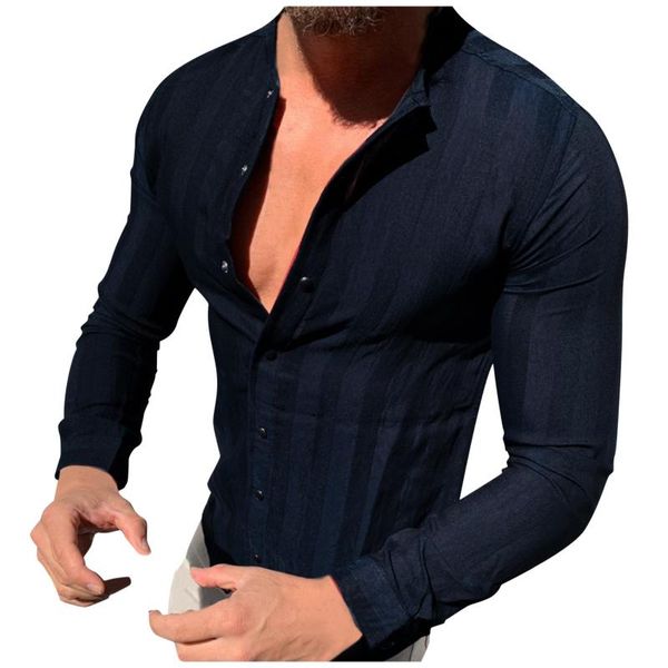 

men's casual shirts skinny slim striped stand collar long sleeve button cardigan shirt all season camisa 2021, White;black