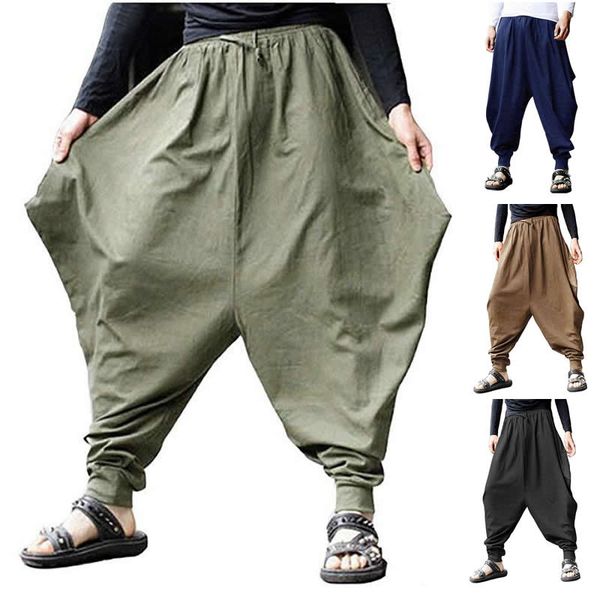 

plus size cotton linen harem pants men baggy japanese style joggers mens hip hop crotch wide leg pants casual loose trousers men, Black