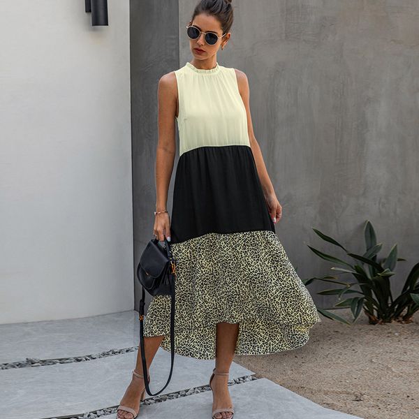 

2021 new summer dress women leopard print patchwork ruffled neck sleeveless irregular maxi sundress casual loose chiffon holiday dresses eks, Black;gray