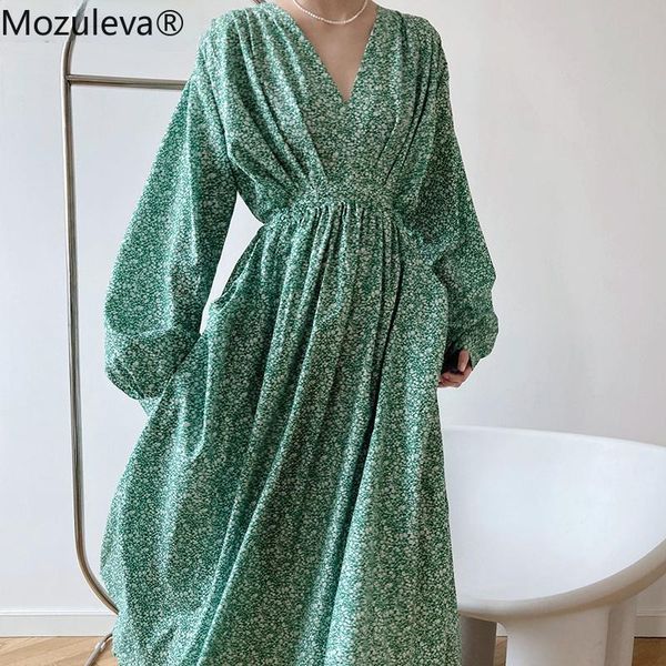 

casual dresses mozuleva stylish chic v-neck loose women a-line dress spring ladies floral vestidos elastic waist lace-up female 2021, Black;gray