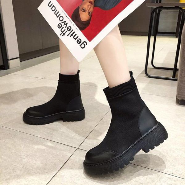 

boots slip on casual comfortable 2021 women ankle knitted shoes short boot female farbic ladies fashion platform womean, Black