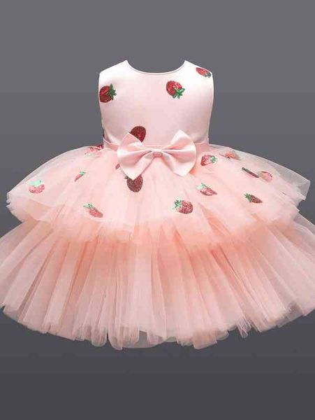 

baby sequin insert strawberry pattern bow front mesh gown dress she, Red;yellow