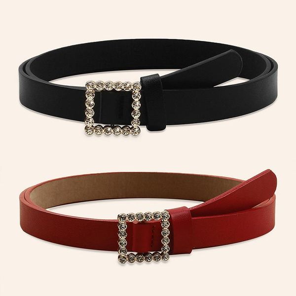 

leather belt women's fashion solid color belt alloy square smooth buckle inlaid rhinestone decoration sweet style women, Black;brown