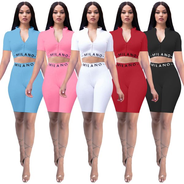 

new womens short sleeve suit 2021 summer fashion pure color slim letter print short sleeve yoga two piece sports suit 5 colors, Gray