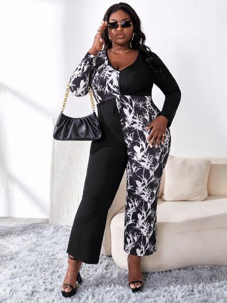 

sxy plus tie dye plunging neck twist flare leg jumpsuit v34j#, Black