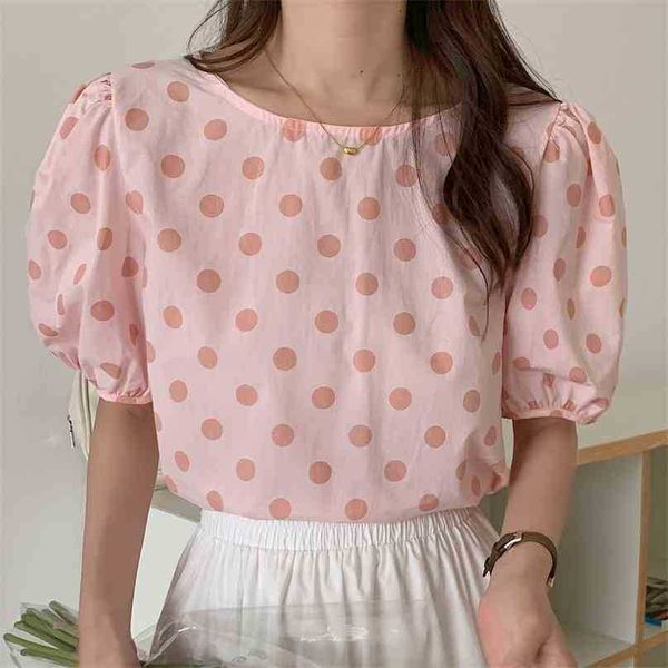 

girls polka dots casual summer femme chic loose elegance retro sweet slim streetwear short sleeves blouses 210525, White