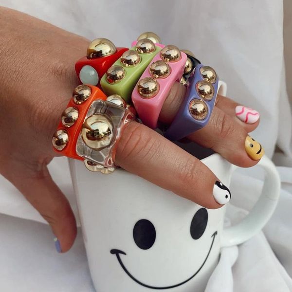 

cluster rings dvacaman 2021 ins trendy golden bead transparent resin acrylic square for women girls colorful finger jewelry party gifts, Golden;silver