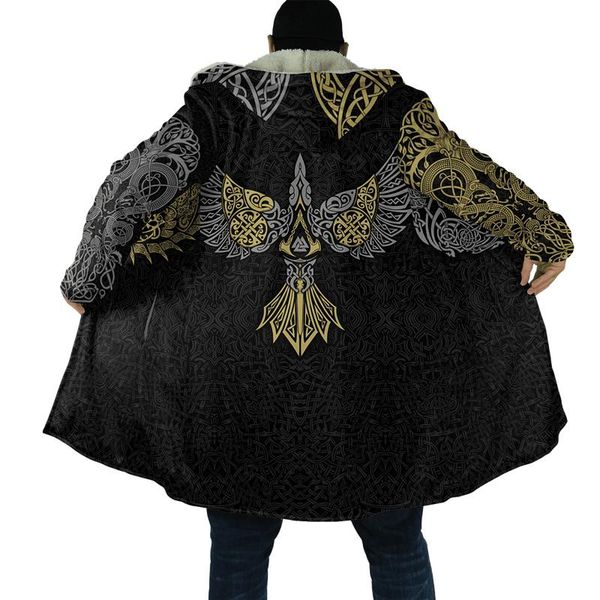 

men's trench coats fashion fleece cloak viking crow 3d printing winter hooded casual thicken warm jacket h033, Tan;black