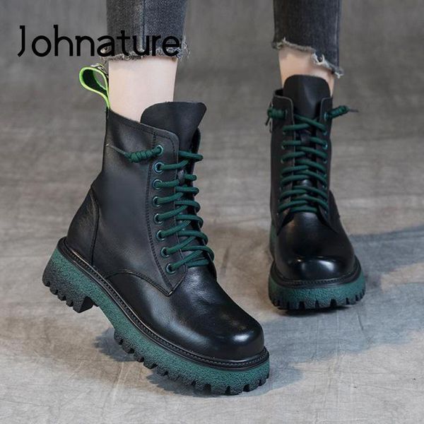 

boots johnature genuine leather ankle shoes women 2021 winter round toe leisure handmade concise comfortable platform, Black