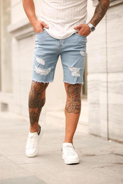 

men's jeans 2021 brand men shorts short pants destroyed skinny ripped pant frayed denim size s-3xl wholesale, Blue