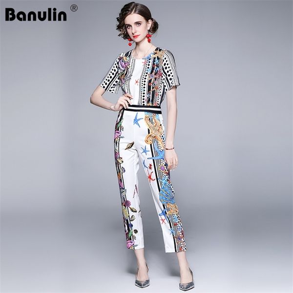 

banulin fashion runway summer two piece pant suits women's vintage print and slim long pants 2 set n66623 210603, White