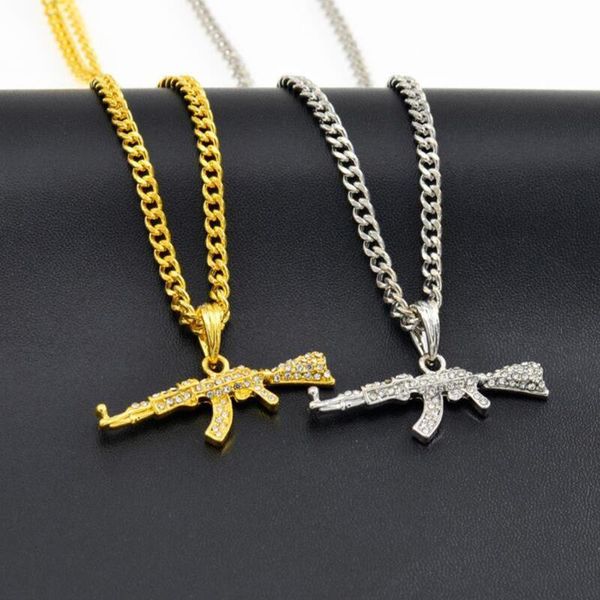 

pendant necklaces fashion hip hop submachine gun necklace crystal rhinestone bling chain ladies men rapper jewelry, Silver