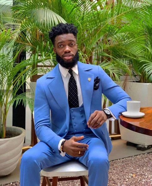

men's suits & blazers fashion bright blue wide notch lapel one buttons men 3 pieces costum homme groom wedding terno masculino slim fit, White;black