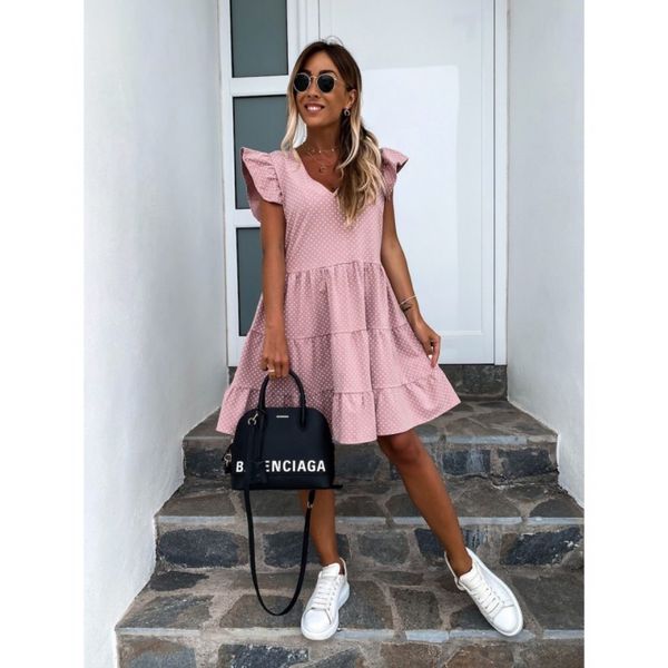 

2021 women new summer sundress casual ruffles sleeves v-neck dot boho party vestidos elegant mini dresses fashion vestidos, Black;gray